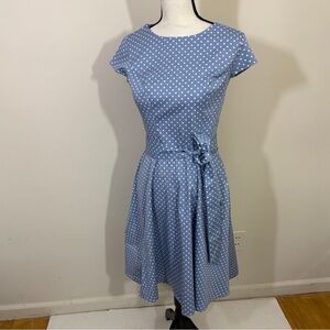 Blue Pleated A-Line Midi Dress with Cap Sleeves
